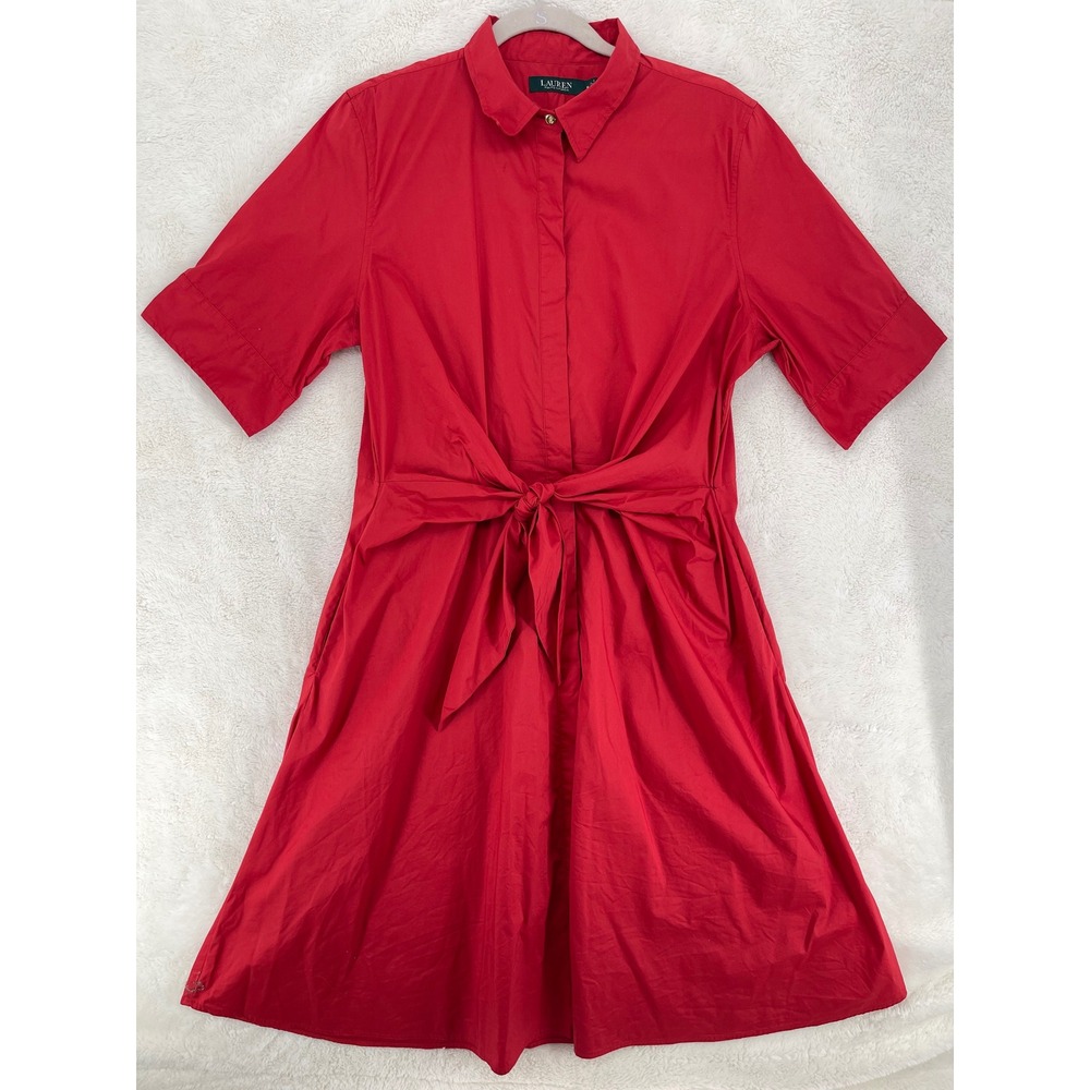 Lauren Ralph Lauren Red Short Sleeve Tie Waist Shirt Dress Pockets Size 16